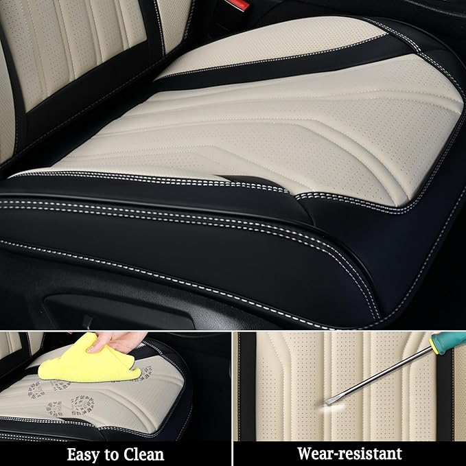 Seat Covers for Cars, Waterproof Seat Covers, Leather Car Seat Covers 2 Pack, Universal Seat Cushion Protector for Most Cars Trucks SUV-Black&Beige