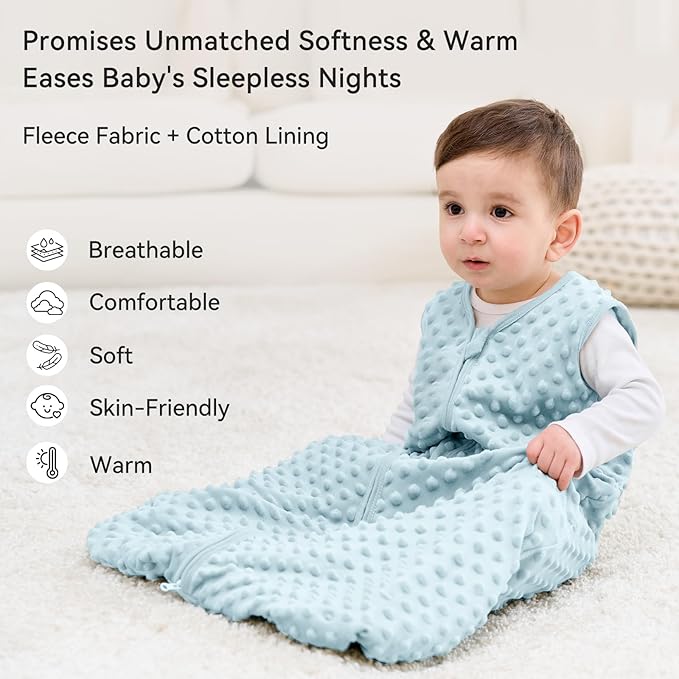 Fleece Baby Sleep Sack 6-12 Months with Plush Dots 1.5 Tog Baby Wearable Blanket with 2-Way Zipper Warm Sleeping Sack for Toddler Infant Newborn - Medium, Sky Blue
