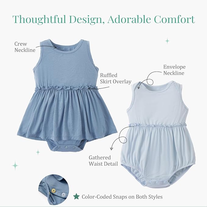 PATPAT Baby Girl Bamboo Viscose 2-Pack Romper & Dress | Color-Coded Snaps - Image 5