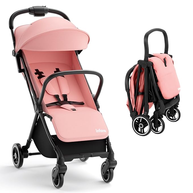 INFANS Lightweight Baby Stroller, Ultra-Compact Fold Airplane Ready Travel Stroller, One-Hand Gravity Fold Near Flat Recline Seat, Foldable Toddler Stroller for Infant 0-36 Month