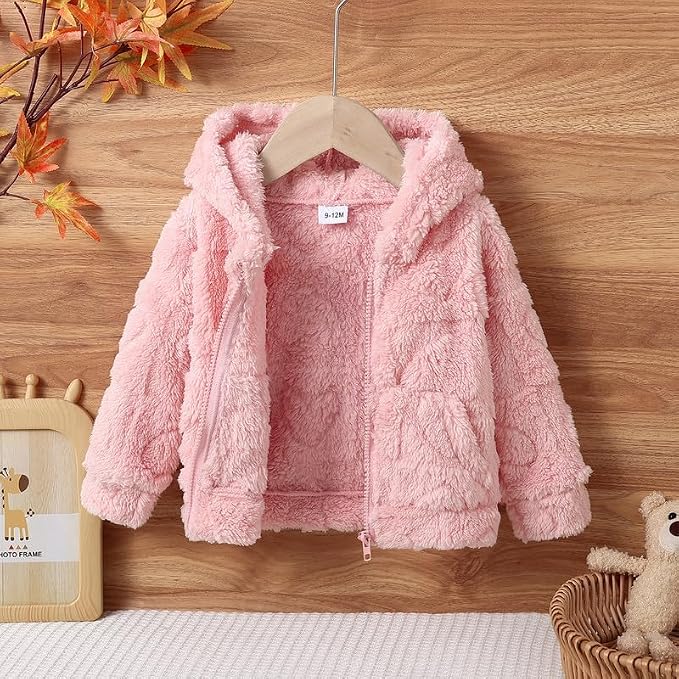 Baby Girls Plush Fleece Hooded Jacket Warm Zip Up Winter Coat - Image 3