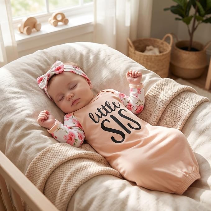 AMAWMW Newborn Baby Girl Little Sister Sleeper Gown Stripe Long Sleeve - Image 2
