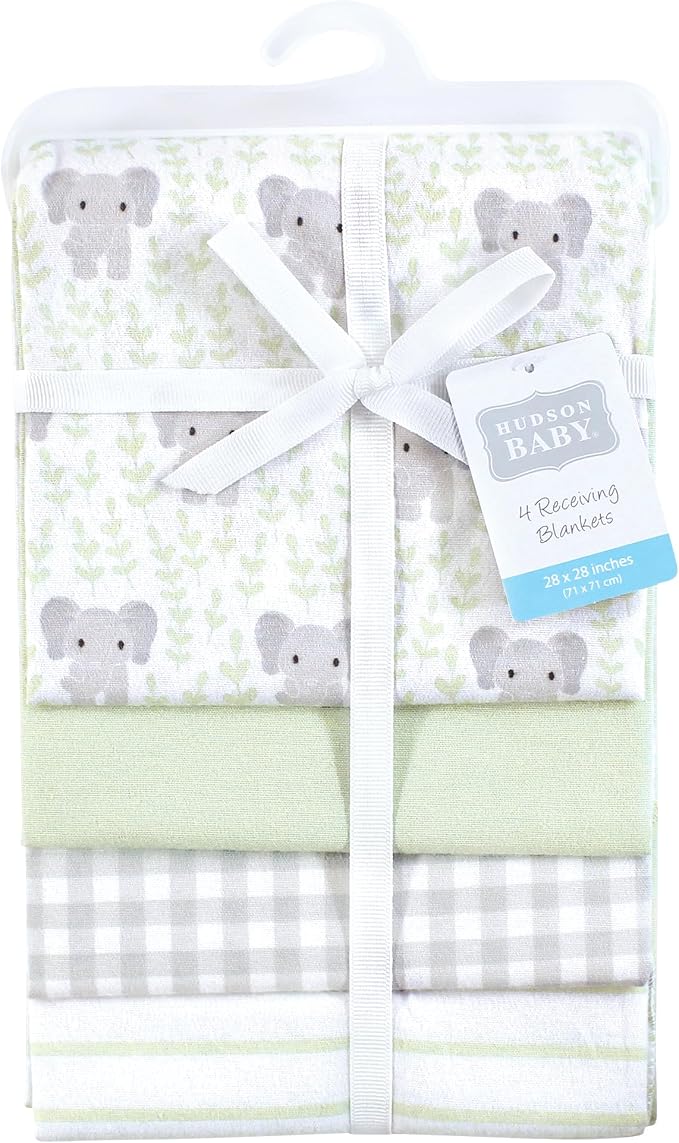 Hudson Baby Unisex Baby Cotton Flannel Receiving Blankets 4-Pack, Leafy Elephant - Image 2