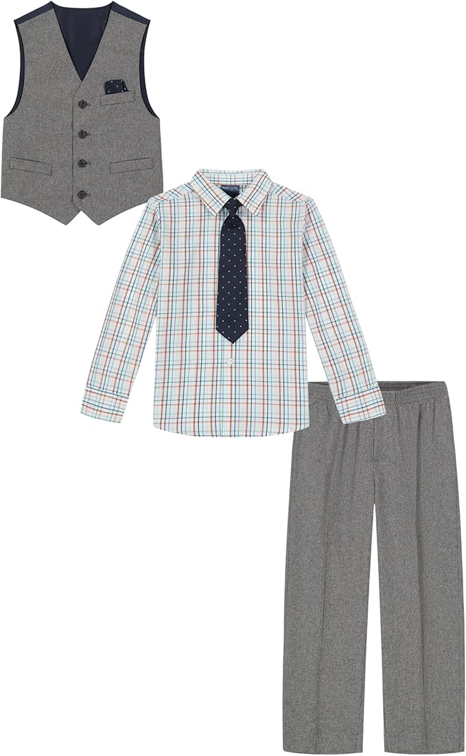 Nautica Boys' 4-Piece Formal Suit Set with Vest, Pants, Collared Dress Shirt, and Tie