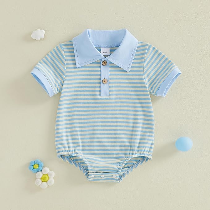 VISGOGO Baby Boy Striped Romper Waffle Short Sleeve Button Oversized Bodysuit - Image 3