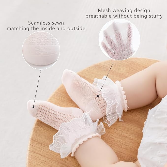 Baby Girls Socks with Bow Infant Breathable Mesh Ruffle Lace Sock - Image 4