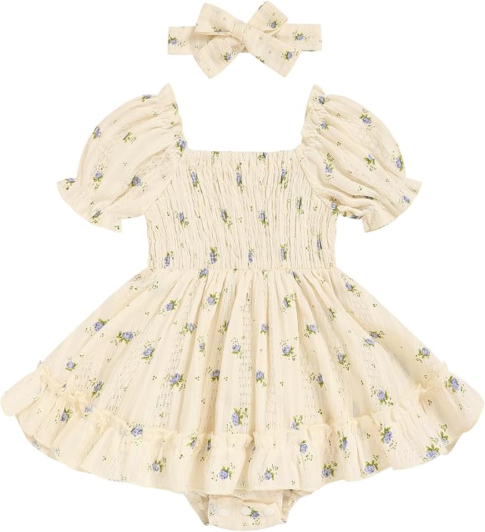 GRNSHTS Baby Girl Romper Dress, Puff Sleeve Smocked Outfit by GRNSHTS