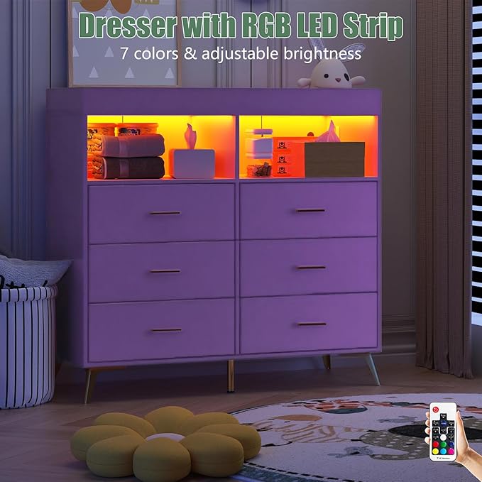 GarveeHome Dresser for Bedroom with 6 Drawers, Baby Changing Table Dresser with Changing Pad, LED Lights & Charging Station, Baby Changing Station with Changing Table Top