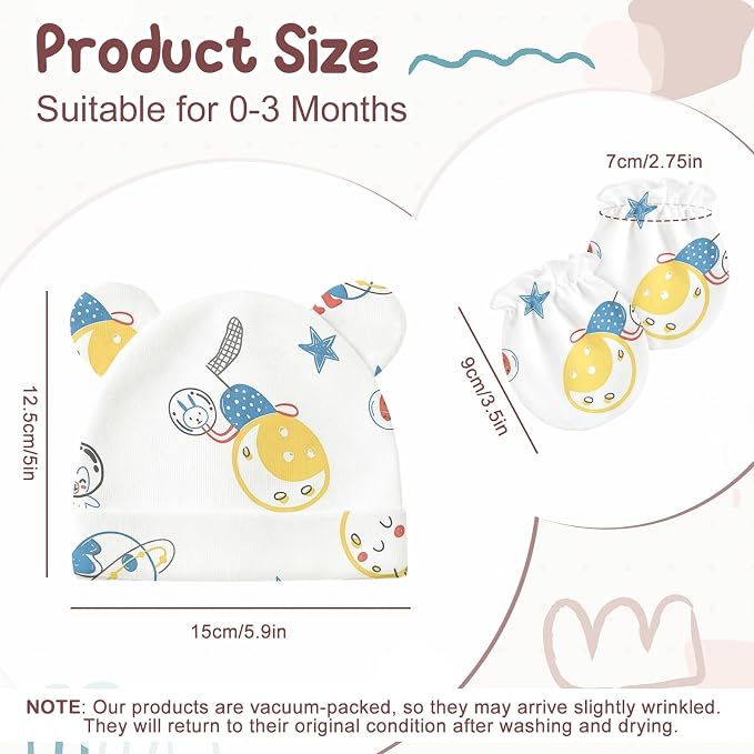 Newborn Baby Hats and Mittens Set, Cotton Infant Baby Boy Girl Bear Ears Caps - Image 2