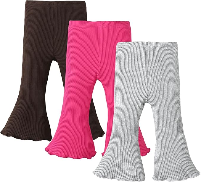 SOBOWO Baby Girl Flare Pants 3 Pack Toddler Solid Ribbed Ruffle Bell Bottoms Pants Trousers Fall Outfits