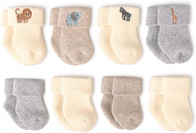 Little Me 8-Pack Baby Socks, Full Cushioned Turncuff Crew Socks, Neutral Safari - Image 3