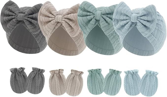 4 Pcs Newborn Hats Mittens Set Infant Cap Bow Hospital Beanie Preemie Hat by Unknown