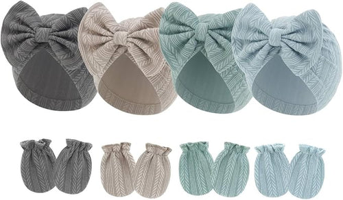 4 Pcs Newborn Hats Mittens Set Infant Cap Bow Hospital Beanie Preemie Hat by Unknown