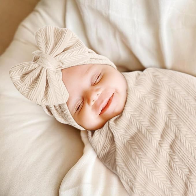 AQOKKA Newborn Receiving Blanket Wheat Ear Bow Hat Hairband Set - Image 3