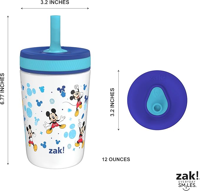 Zak Designs Disney Kelso Toddler Cups For Travel or At Home, 12oz Vacuum Insulated Stainless Steel Sippy Cup With Leak-Proof Design is Perfect For Kids (Mickey Mouse)