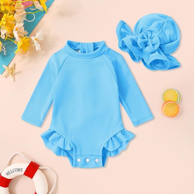 YOUNGER TREE Infant Baby Girls Swimsuit Long Sleeve Swimsuits One Piece Swimsuit Solid Color Bathing Suit with Hat, UPF 50+
