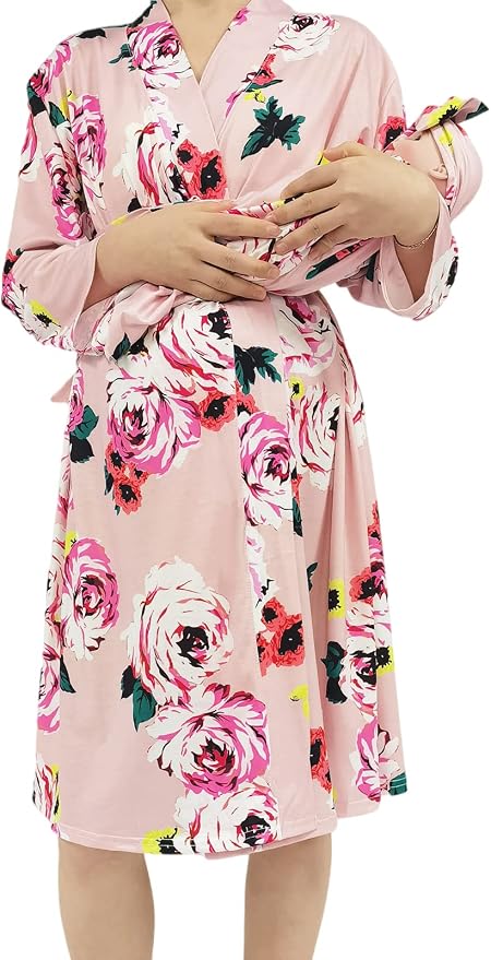 SUFEINI Maternity Robe and Matching Baby Swaddle Blanket Set, Mommy Robe - Image 8