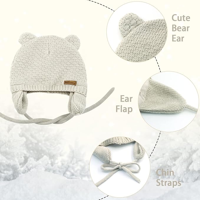 BAVST Baby Beanie Hat for Winter with Earfalp Cute Bear Kids Toddler Girls Boys Warm Knit Cap 0-2Years