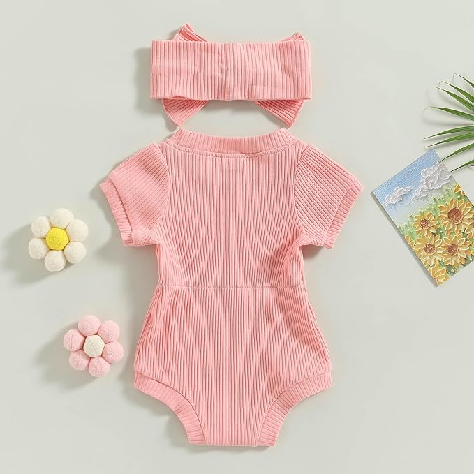 FOCUSNORM Baby Girl Summer Clothes Ribbed Short Sleeve Romper Solid Color - Image 4