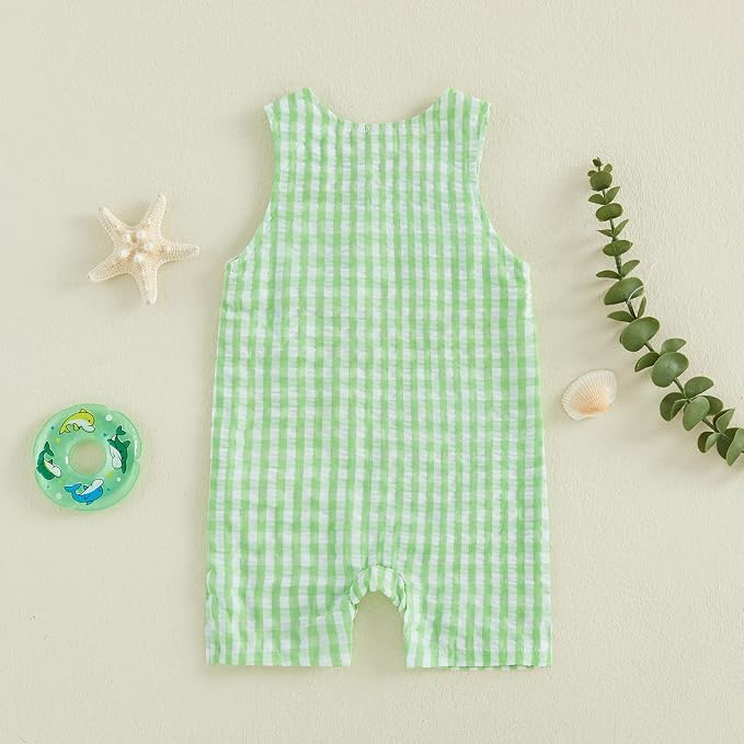 Newborn Baby Boys Sleeveless Seersucker Romper One Piece Straps Overalls - Image 3