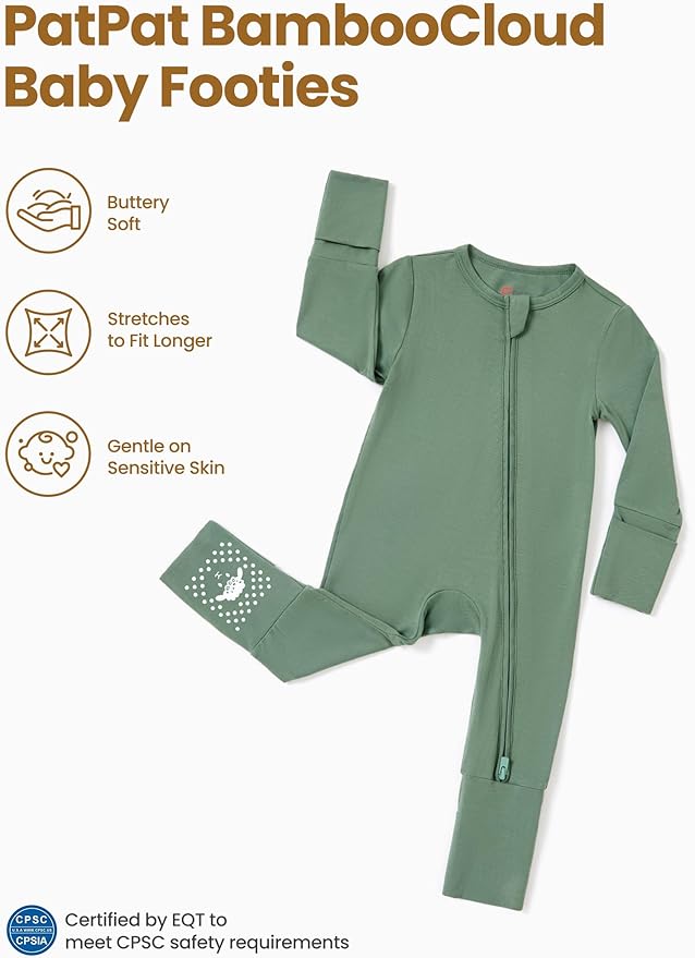 PATPAT Baby Footie Romper with Mittens for Boy and Girl, Anti-Slip & 2-Way Zipper, Long Sleeve, Viscose from Bamboo, Outfit