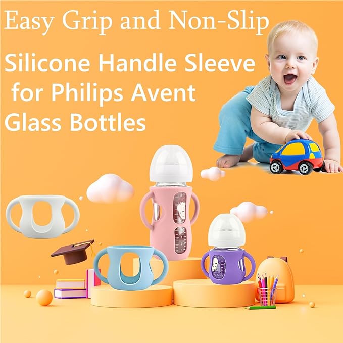 4 Pack Silicone Sleeves for Avent Natural Glass Baby Bottles, Silicone and Easy-Grip Handles for Drop Protection, Compatible with Philips Avent 4/8 OZ Glass Bottle (2 Pink+2 Purple, 8 OZ)