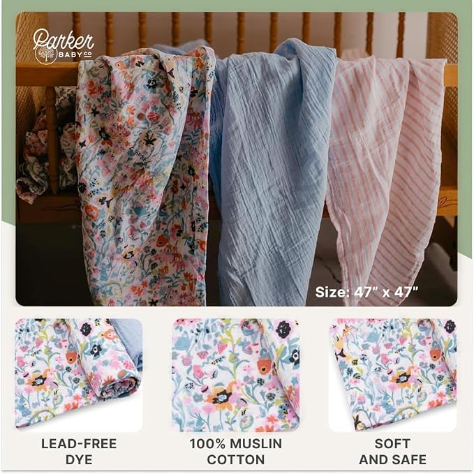 Parker Baby Co. Soft Muslin Baby Swaddle Blankets, 3 Pack - Image 4