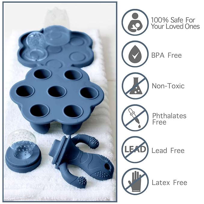 Little Twig Baby Fruit Feeder Pacifier Teether | Food Freezer Tray with Lid | BPA Free Silicone Freezable Teether | Feeding Set for Breast Milk Ice Cubes, Baby Food, Fruit Purees (Steel Blue)