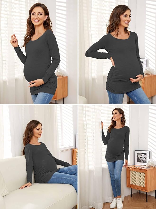 Ecavus Women's Maternity Shirts Long Sleeve Soft Stretchy Pregnancy Tops Side Ruched Casual Mama Clothes
