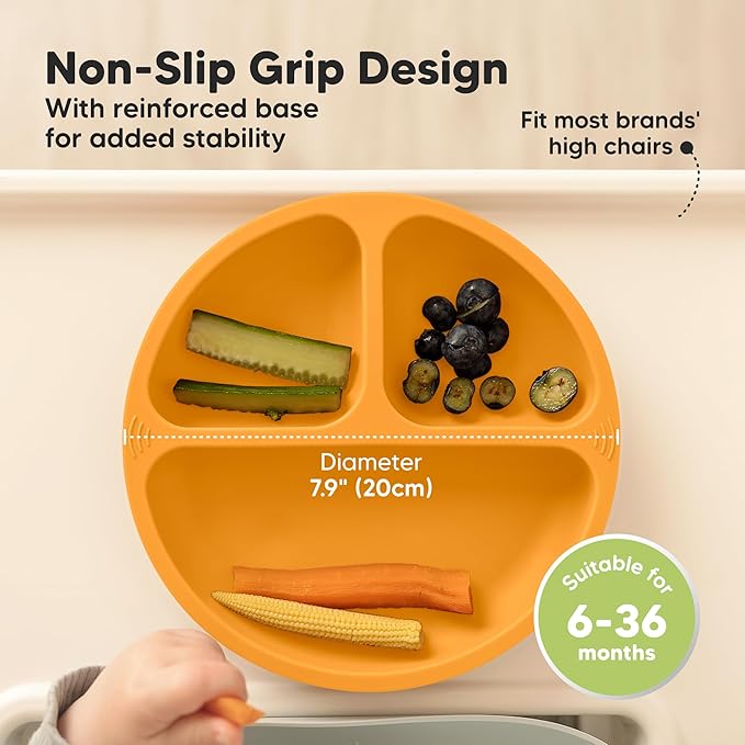 KeaBabies Suction Plates for Baby, Toddler - 3-Pack 100% Silicone Toddler Plates with Suction, Divided, BPA-Free Baby Led Weaning Essentials for Kids, Dishwasher, Microwave Safe, Durable (Harvest)