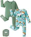 PATPAT Baby Footie Romper with Mittens for Boy and Girl, Anti-Slip & 2-Way Zipper, Long Sleeve, Viscose from Bamboo, Outfit