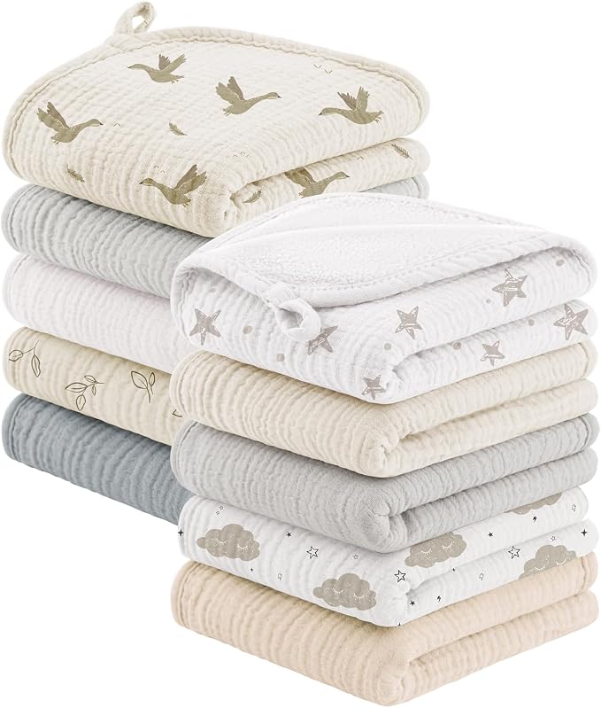 Bearmoss 10 Pack Muslin Burp Cloths, Newborn Essentials Large Extra Washcloths by Bearmoss