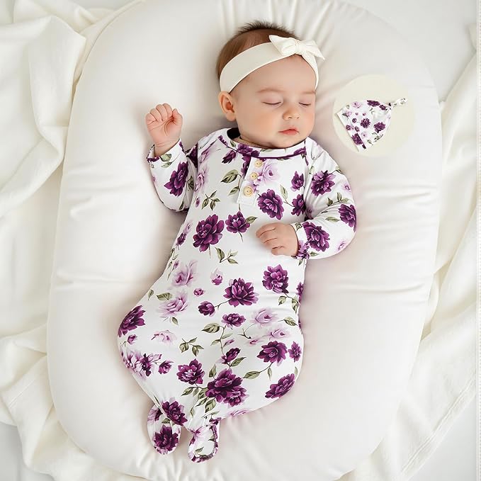 Newborn Baby Girl Floral Sleep Gown Headband Sleepwear Outfit - Image 2