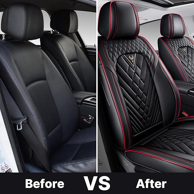 Seat Cover, Universal Leather Seat Covers for Cars, Front Auto Seat Cover, Wear-Resistant Car Seat Cushion, Waterproof Car Seat Protector Auto Vehicle Seat Cover(2 Seat,Black&Red)