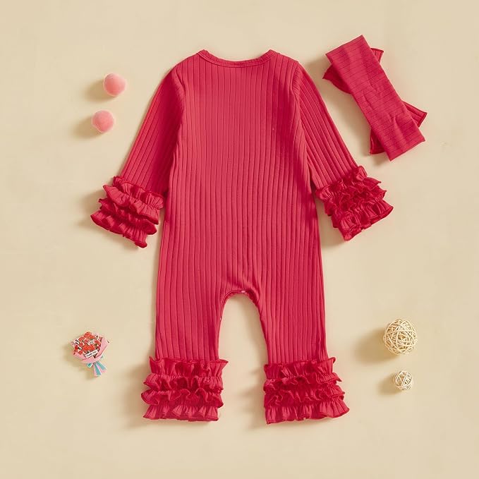Newborn Baby Girl Clothes Jumpsuit Ruffle Romper Bodysuit Pants Headband - Image 4