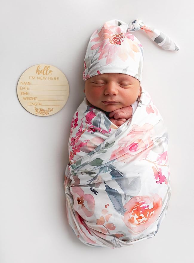 Newborn Baby Swaddle Set Headband Beanie and Name Card - Image 2