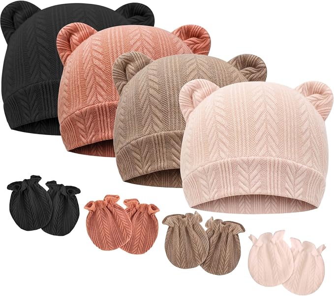 BQUBO Newborn Baby Hats Bear Ears and Mittens Sets Preemie Caps Baby Boy Girl by DRESHOW