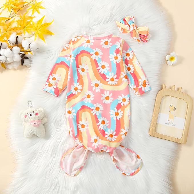 Newborn Baby Girl Floral Sleep Gown Headband Sleepwear Outfit - Image 2