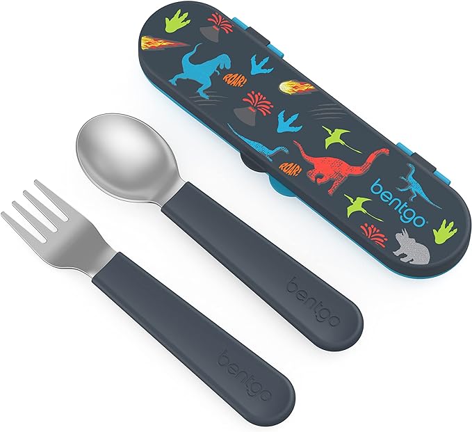 Bentgo Kids Stainless Steel Utensil Set - Reusable Fork, Spoon & Storage Case - High-Grade BPA-Free Stainless Steel, Easy-Grip Handles, Dishwasher Safe for School Lunch, Travel & Outdoors (Dinosaur)