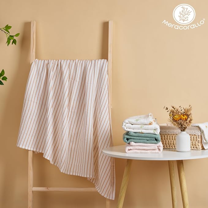 Meracorallo Muslin Swaddle Blanket, 100% Cotton, Neutral Stripe | Soft - Image 5