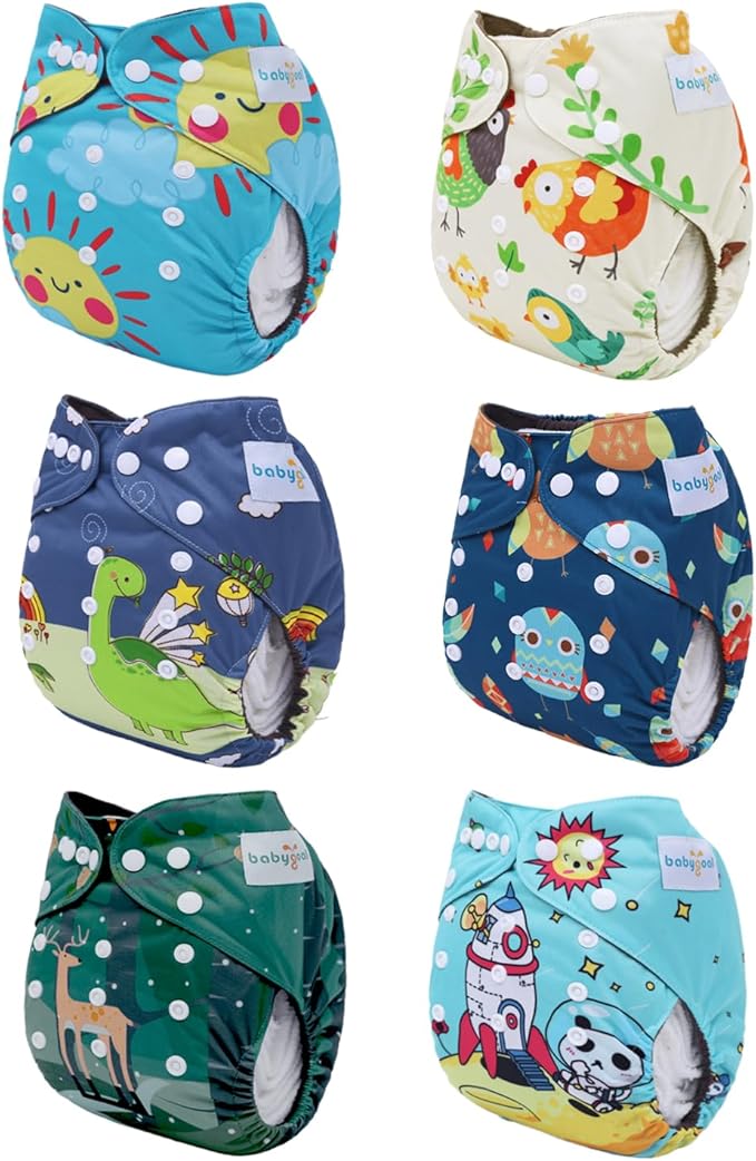 babygoal Reusable Charcoal Cloth Diapers with Double Gussets, 6 Pack Washable Baby Pocket Diapers with 6pcs Charcoal Inserts and Wet Dry Bag(Chick,Deer,Dinasaur)