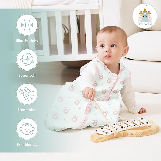 Cute Castle Baby Sleep Sack 6-12 Months - Lightweight 100% Cotton 2-Way Zipper TOG 0.5 Infant Wearable Blanket, Newborn Essentials Toddler Sleep Clothes, 3 Pack(Pink, Bear, Bear Claw)