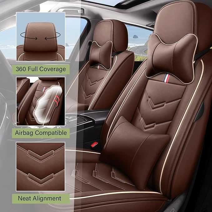 Leather Car Seat Covers Fit for LR Defender 2020-2025, 5 Seater Waterproof and Wear-Resistant Seat Cover Interior Accessories(Full Set with Pillow,Coffee)