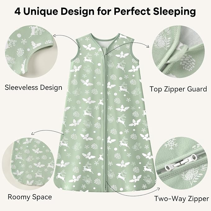 Baby Sleep Sack 0-6 Months 1.0 Tog Baby Wearable Blanket 100% Cotton Sleeping Sack with 2-Way Zipper for Infant Newborn Green Tree