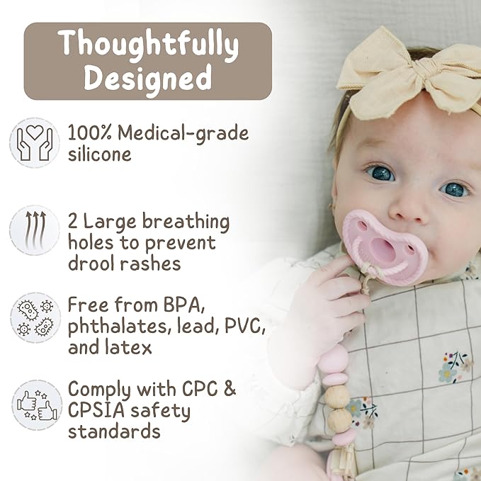Mila & Lulu Round Silicone Pacifiers (Set of 2) – 100% Food-Grade, One-Piece Design, Soft Round Nipple, Doubles as Teether for Newborns and 0+ Months – Ballerina/Mauve