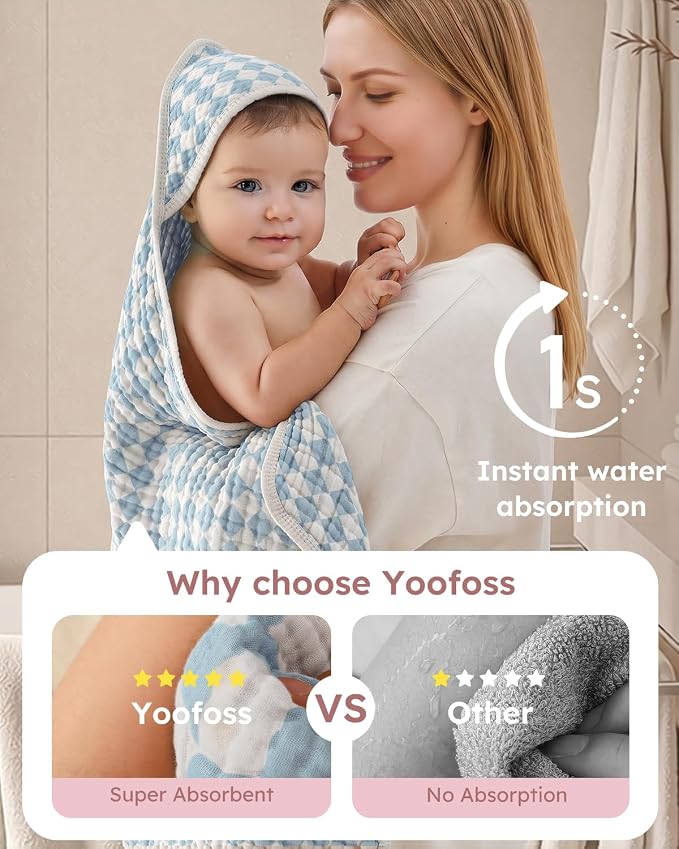 Yoofoss Hooded Baby Bath Towels 2 Pack 100% Muslin Organic Cotton - Image 2