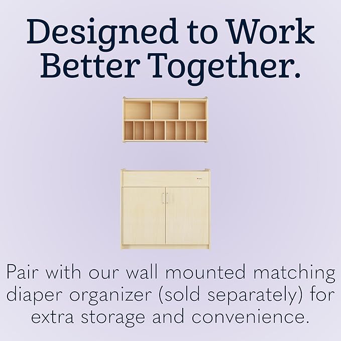 Foundations SafeSwing Daycare Changing Table, Formerly SafetyCraft - Durable Wood Cabinet with 2 Built-in Shelves - Storage w/Soft Close Hinges, Includes Durable Mattress Pad - Natural
