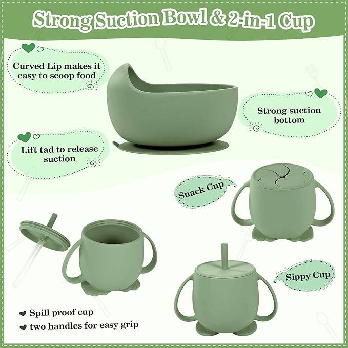 BXLL Olive Green 10 Pcs Baby Led Weaning Supplies - Silicone Baby Feeding Set with Suction Bowl, Divided Plate, Bibs, Fruit Feeder, Pacifier, Spoons, Forks, Sippy Cup & Snack Cup