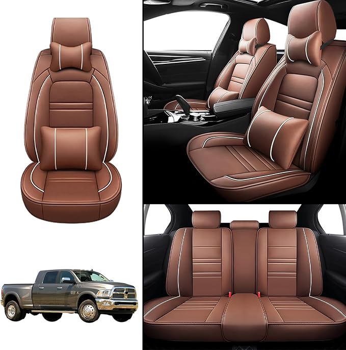 Car Seat Covers for Dodge ram 3500 2004-2011 | 5-Seats Seat Covers, Waterproof Seat Protectors, Automotive Seat Covers (Full Set with Pillow,Coffee)