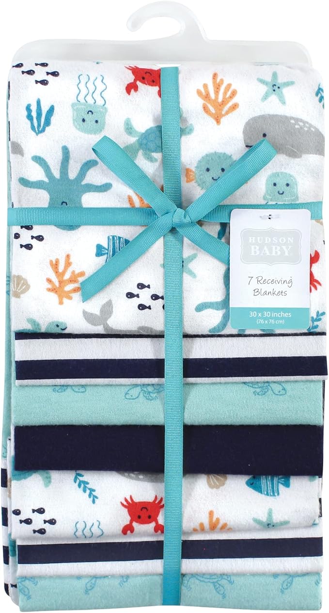 Hudson Baby Unisex Baby Cotton Flannel Receiving Blankets Bundle, Sea Characters - Image 2